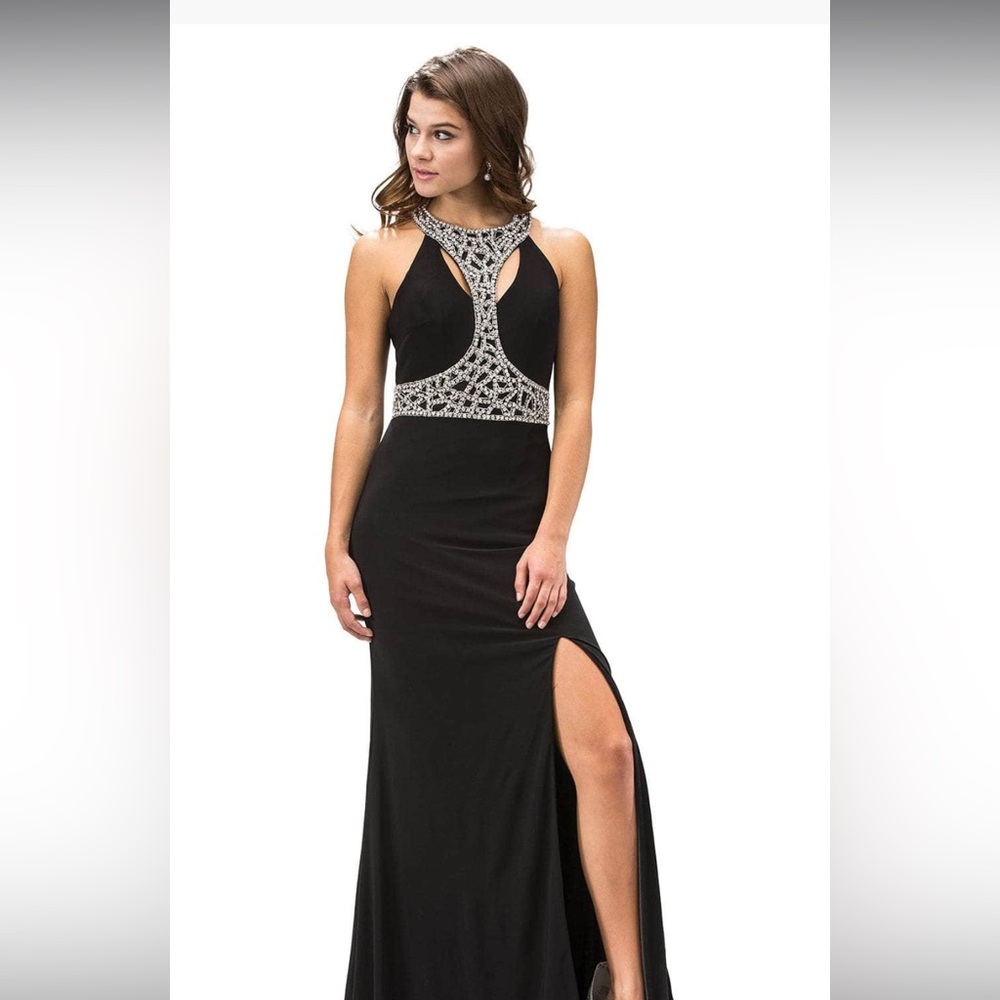 Dancing Queen Black Halter Beaded Ornate High Slit Gown Size Medium